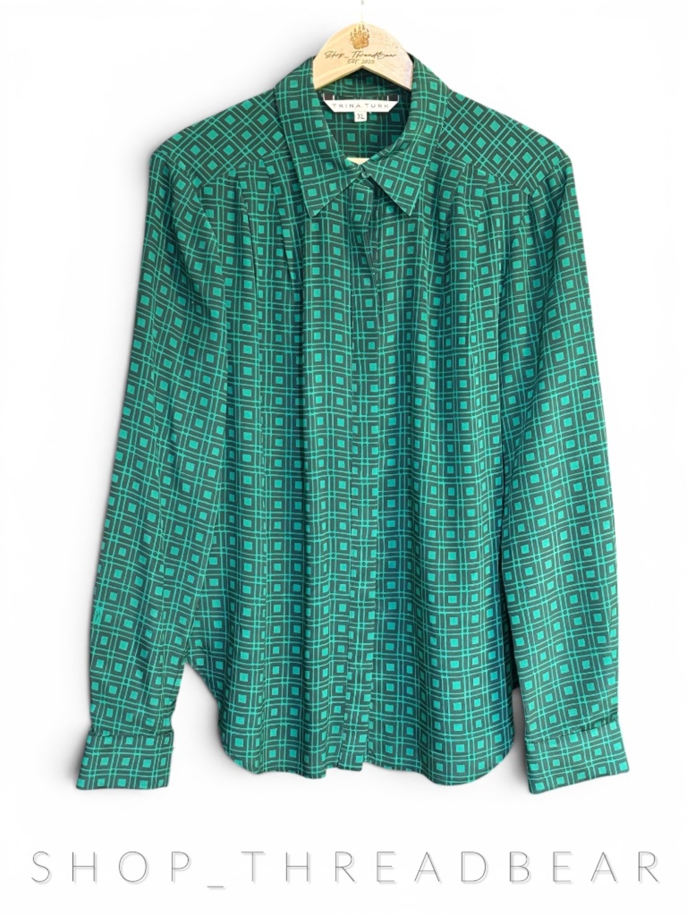 NWOT [Trina Turk] 100% Silk Green Navy Blue Long Sleeve Button Down Blouse | XL
